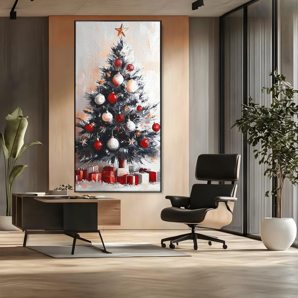 Tablou canvas cu tablou canvas cu brad de craciun pictat, in rama de aluminiu negru, pe perete intr-un birou